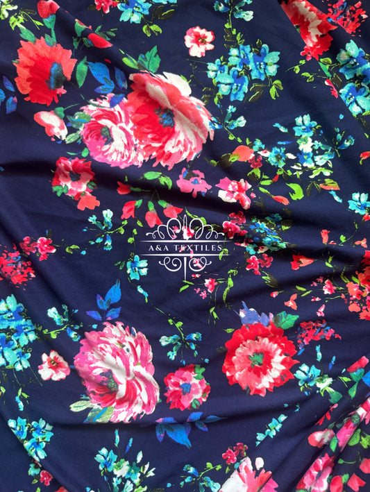 Navy Floral Double Brushed Poly