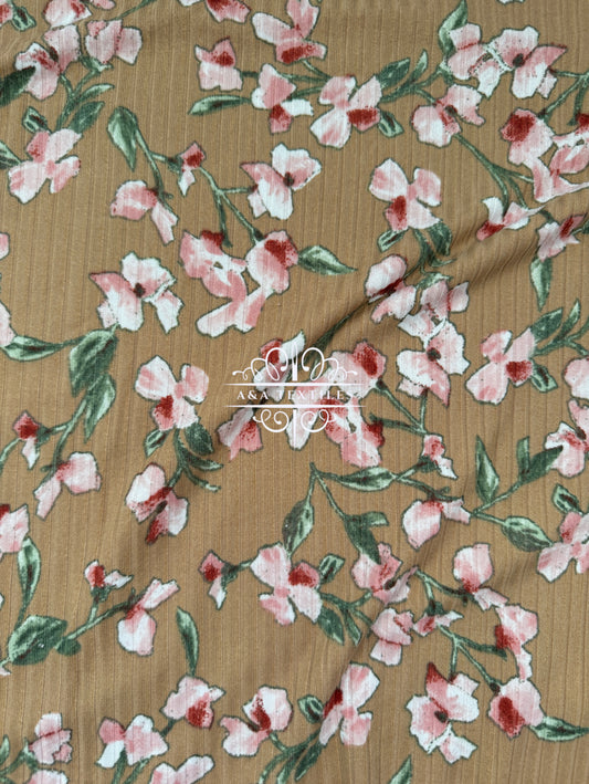 Tan Floral Rib Knit